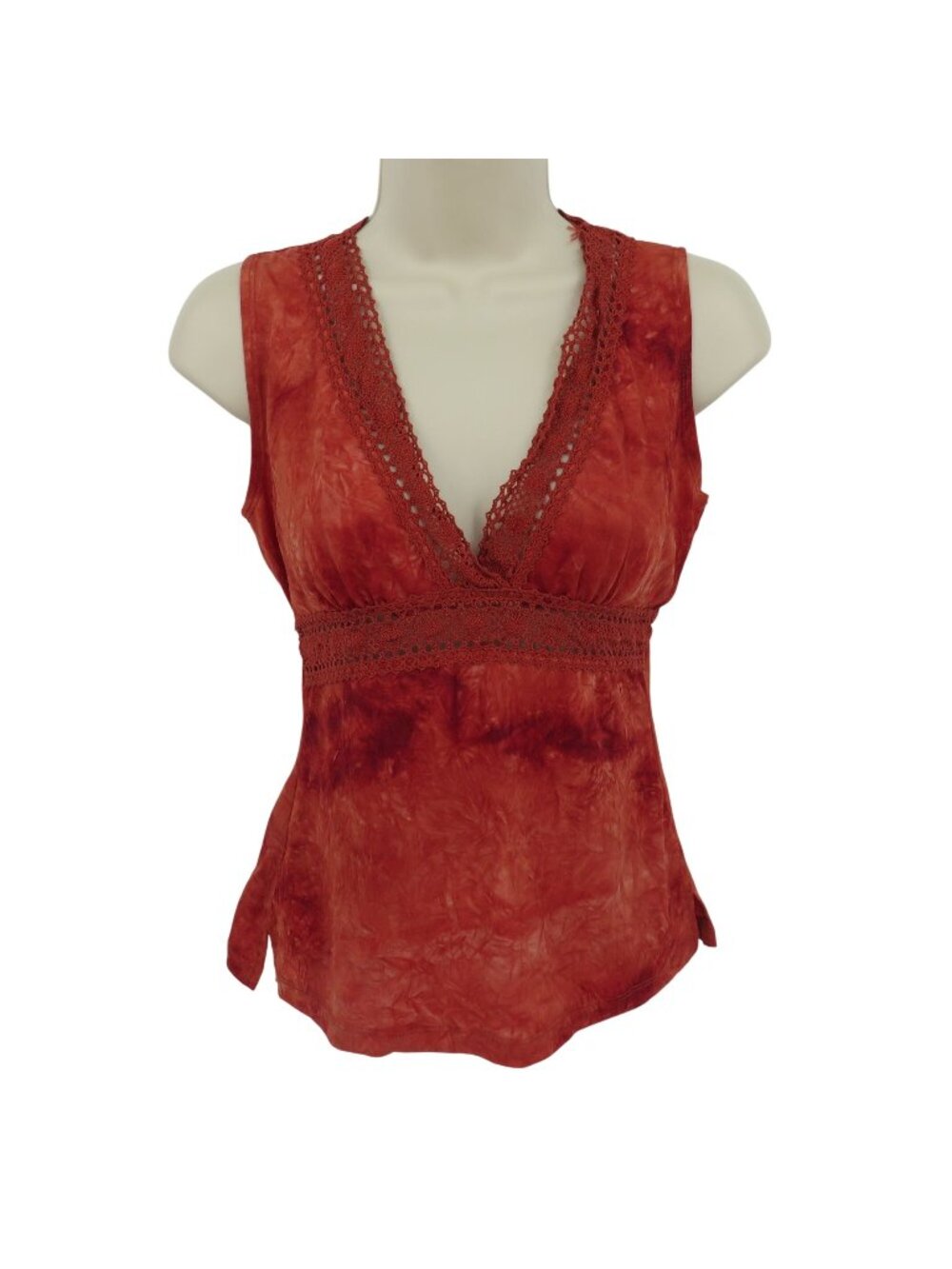 Y2K Forever21 Women Small Red Orange Tie Die V Neck Crochet Babydoll Tank Top